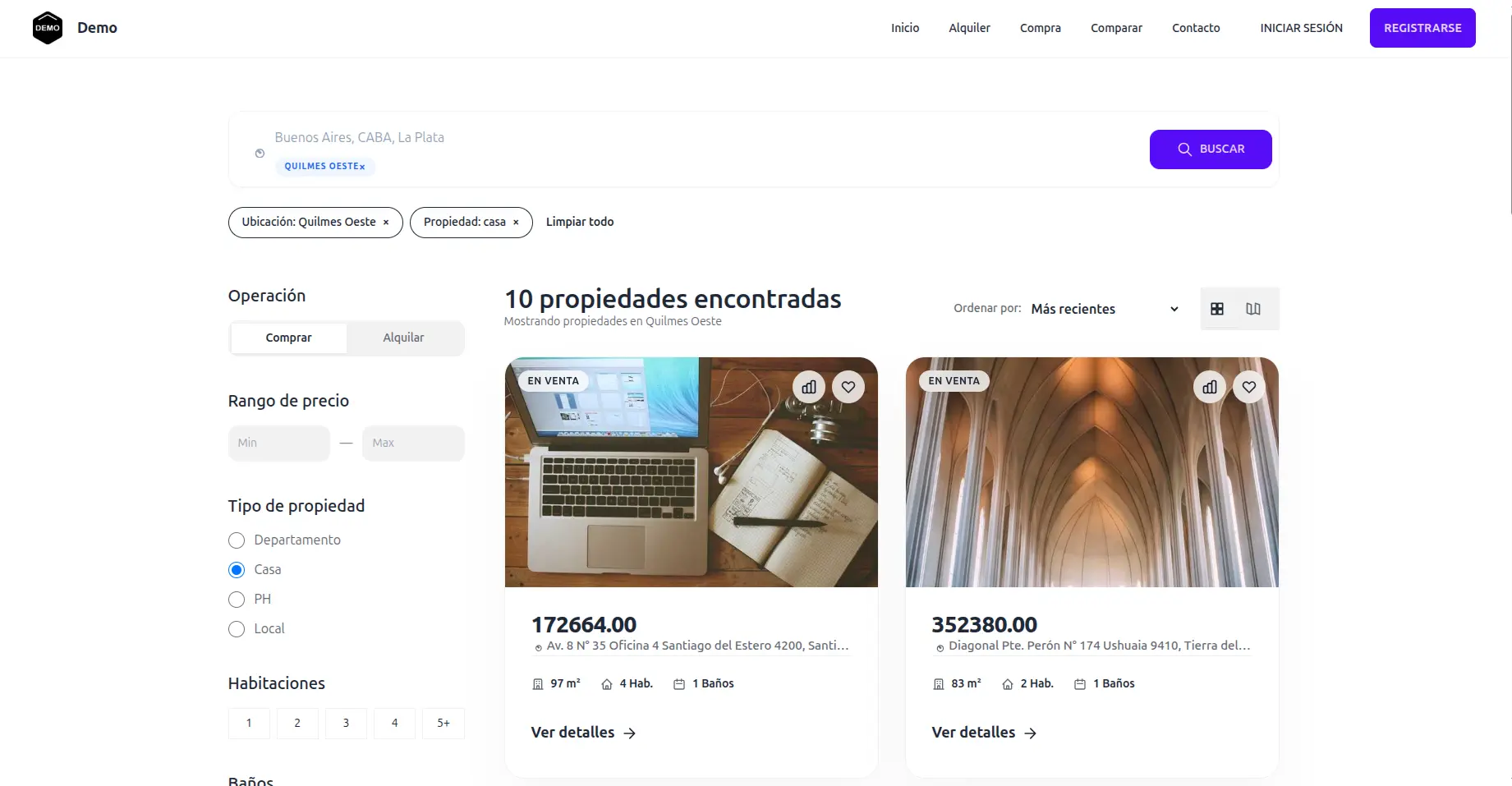 Listado y filtros de propiedades en una web creada con Inmob