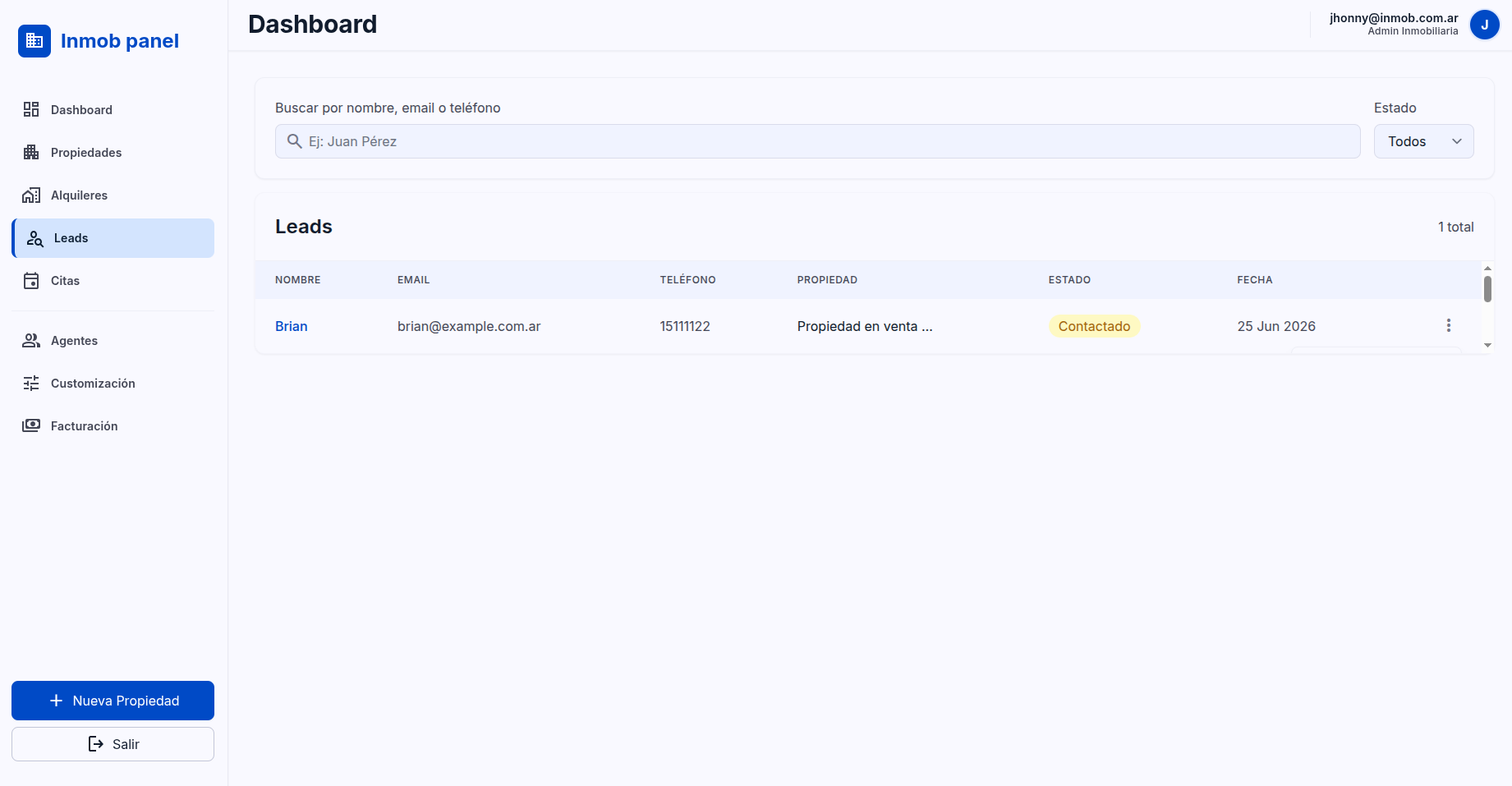 Panel de leads y consultas recibidas en Inmob