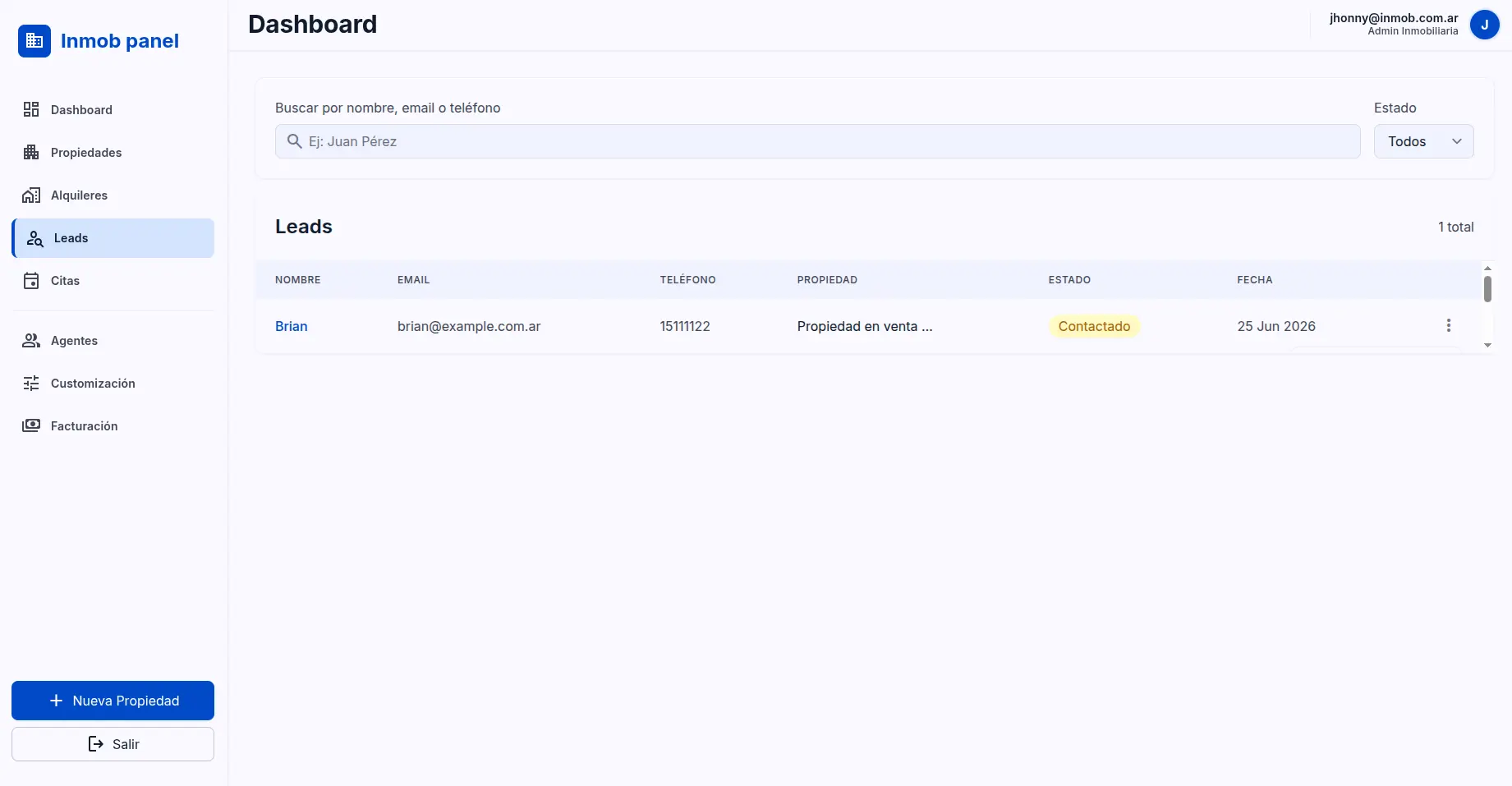 Panel de leads y consultas recibidas en Inmob